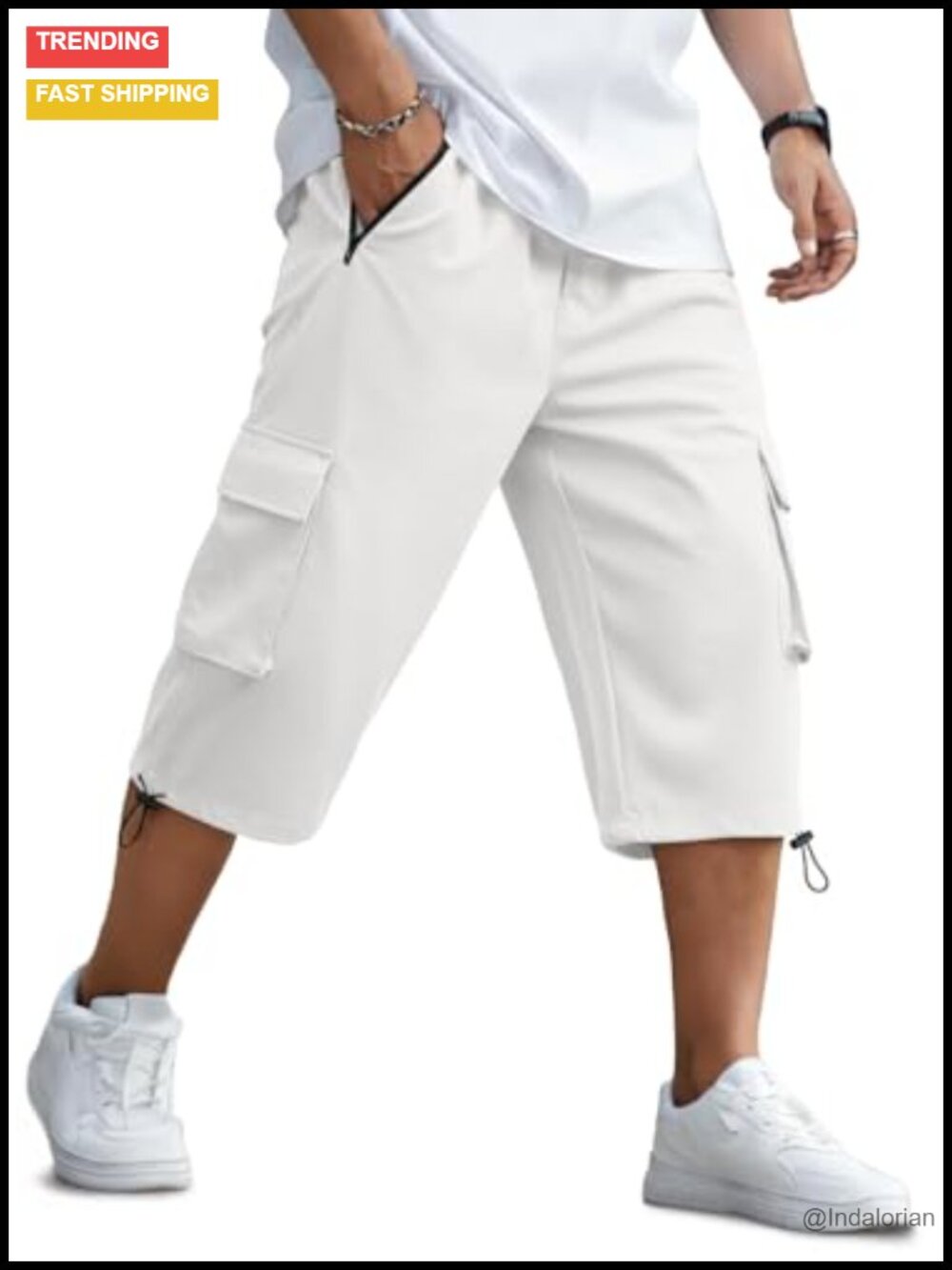 Men's 3/4 Length Cargo Shorts Elastic Waist Capri Pants with Zipper Pockets